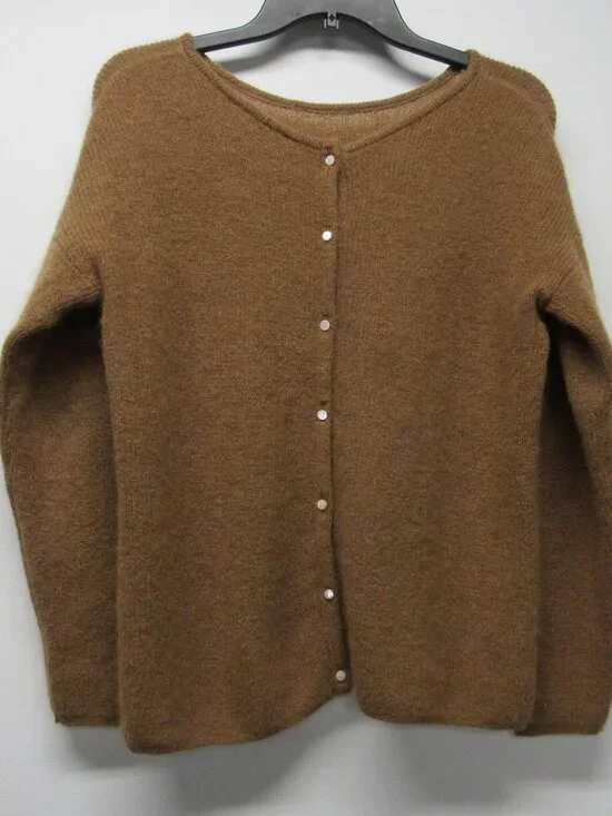La Maille SEZANE Super Kid Mohair Alpaca Blend Tan Cardigan sz M Rear Button - Picture 2 of 4